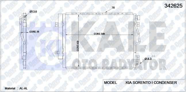 KALE 342625 Klima Radyatoru Hyundai Sorento I 2.5 Crdi 02> (Al/Al) (Kurutucu Ile)